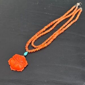 Orange Beaded Necklace with Rose Pendant